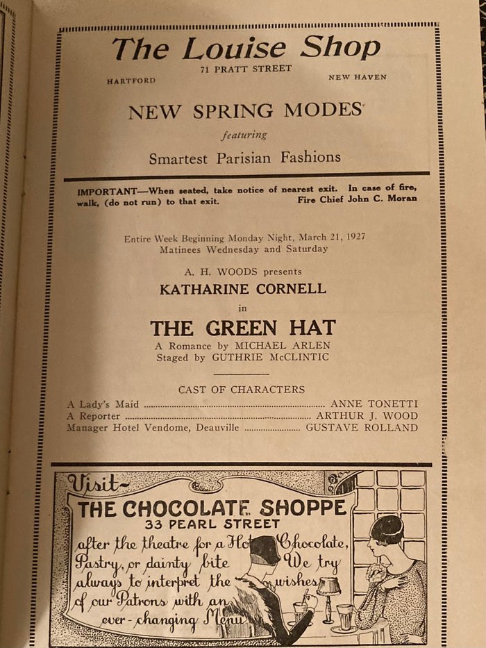 Parsons Theatre, Hartford, CT. "The Green Hat." Starring Katharine Cornell. March 21, 1927.