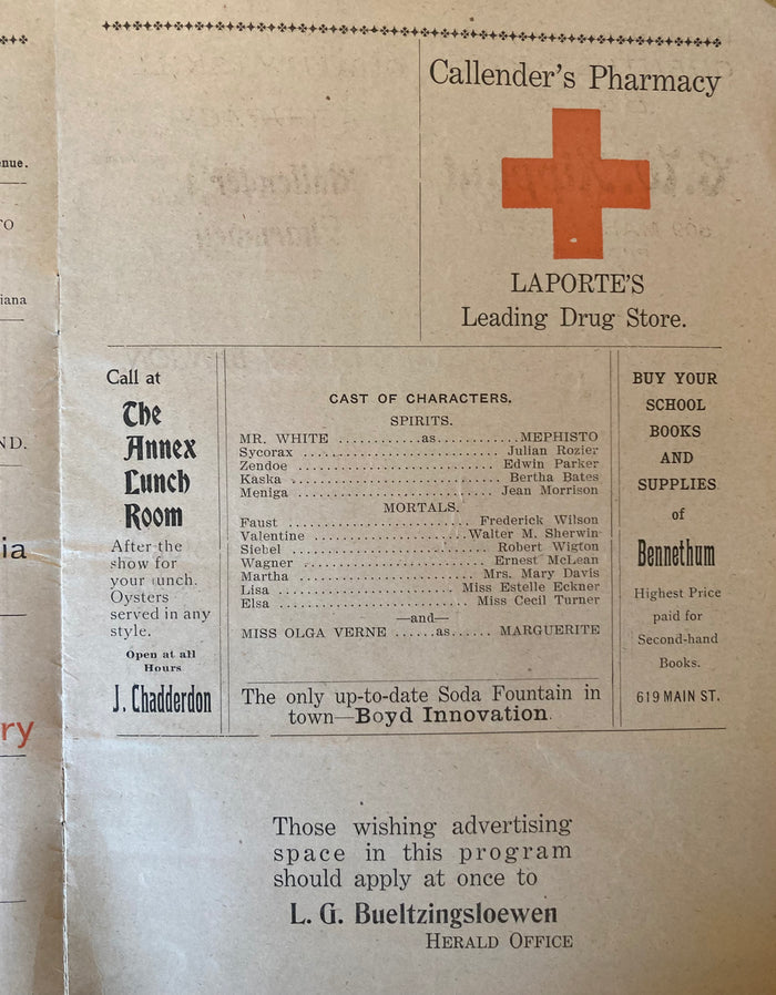 Hall's Theatre, LaPorte, IN. "Faust." Oct. 3, 1904.
