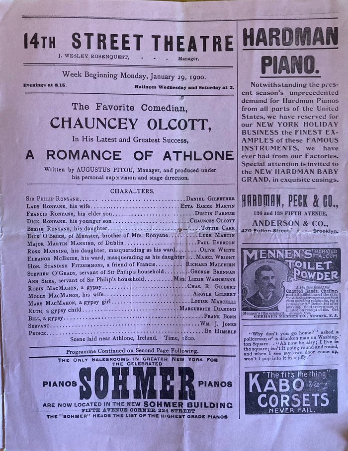 Fourteenth Street Theatre, NY. Chauncey Olcott in "A Romance of Athlone." Jan. 29, 1900.