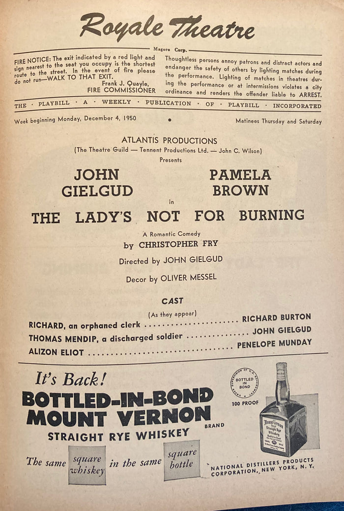 Royale Theatre, NY. "The Lady's Not for Burning." Dec. 4, 1950.