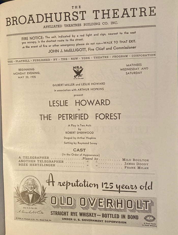 "The Petrified Forest." Broadhurst Theatre, NY. May 20, 1935. Humphrey Bogart!
