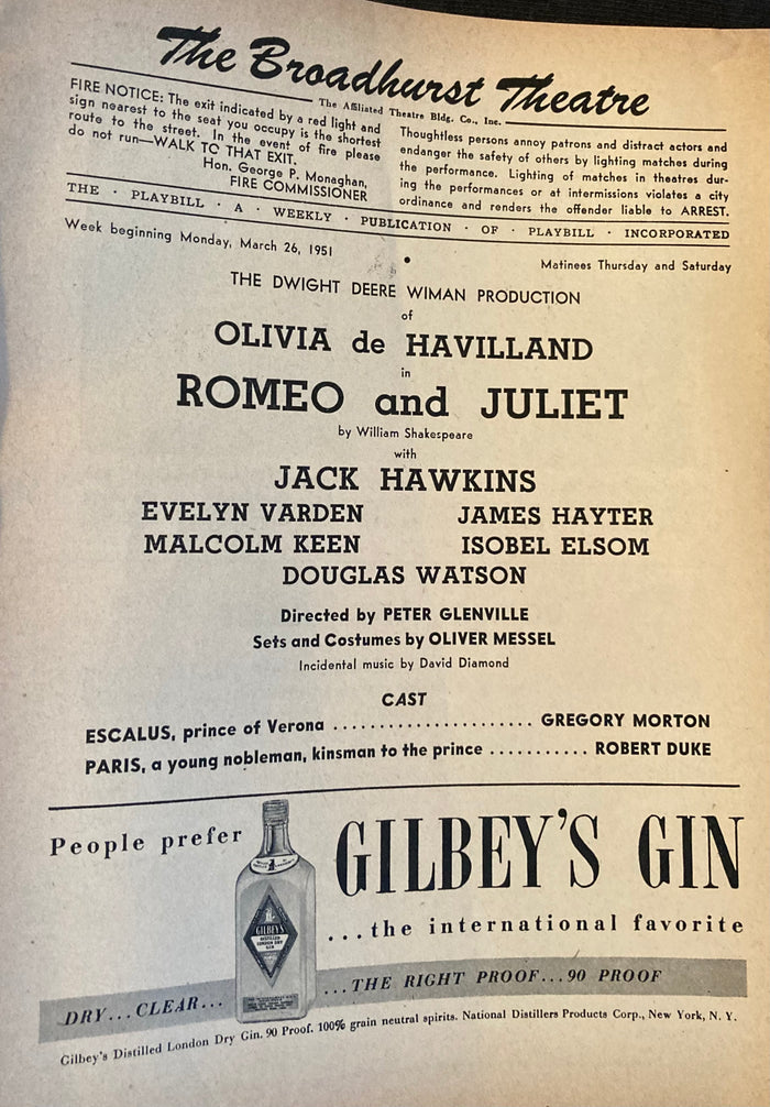 Broadhurst Theatre, NY. "Romeo and Juliet." Starring Olivia de Havilland. March 26, 1951.