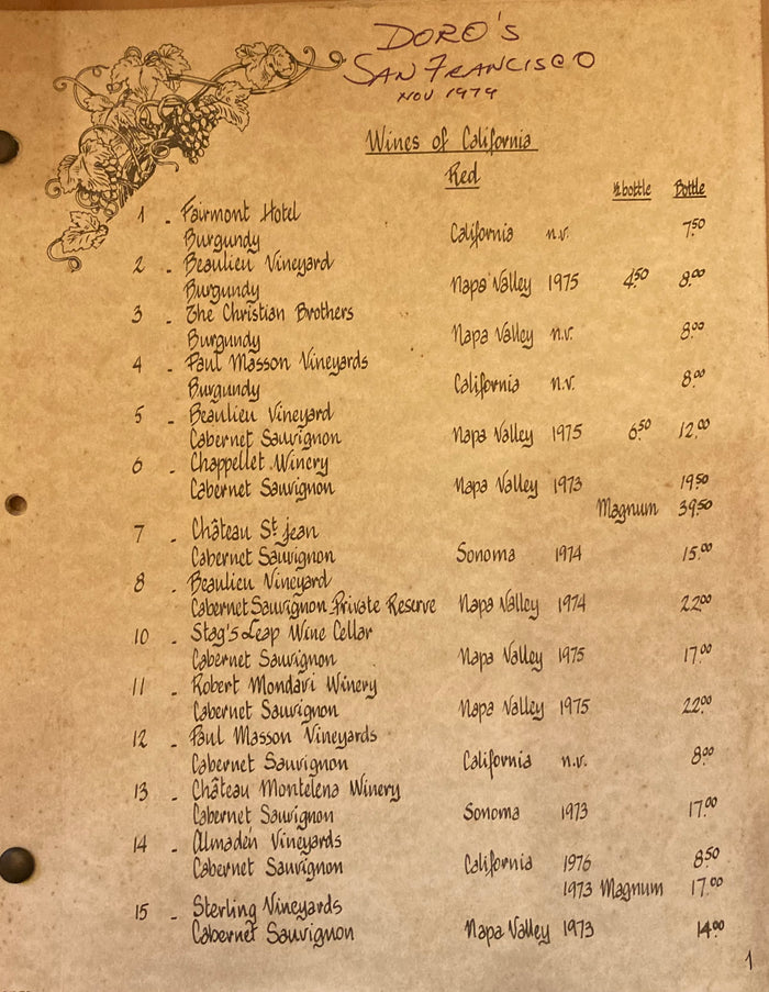 (Wine List) Doros Restaurant. San Francisco. 1979.