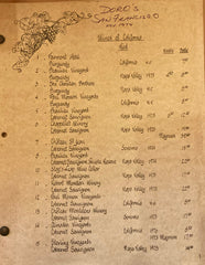 (Wine List) Doros Restaurant. San Francisco. 1979.