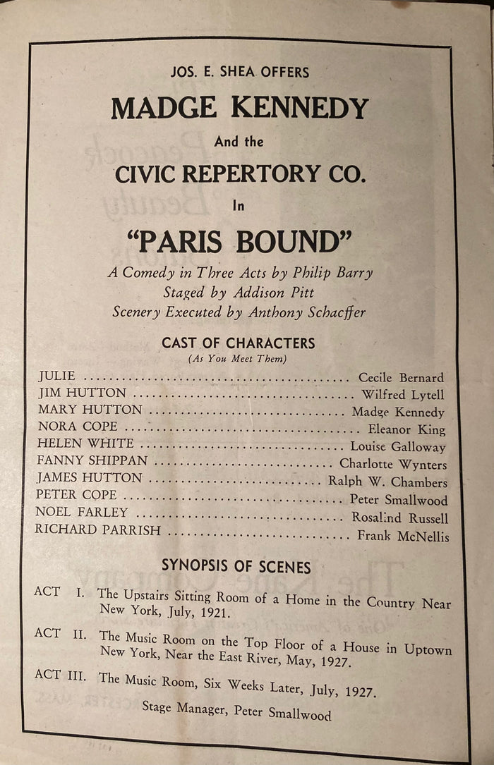 "Paris Bound." Worcester Theatre, Mass. (1920s)