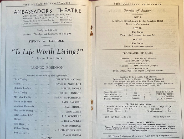 (Lennox Robinson) Ambassadors Theatre, London. "Is Life Worth Living?" Oct. 30, 1933.