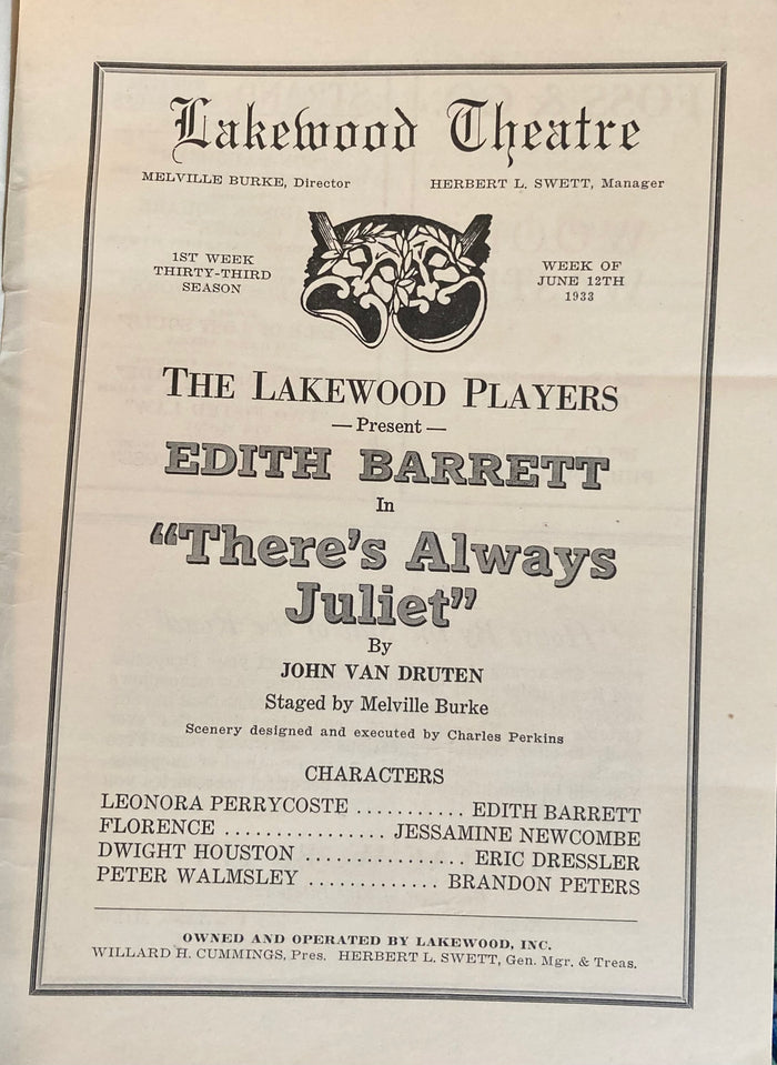 Lakewood Theatre, Maine. "There's Always Juliet." June 12, 1933.