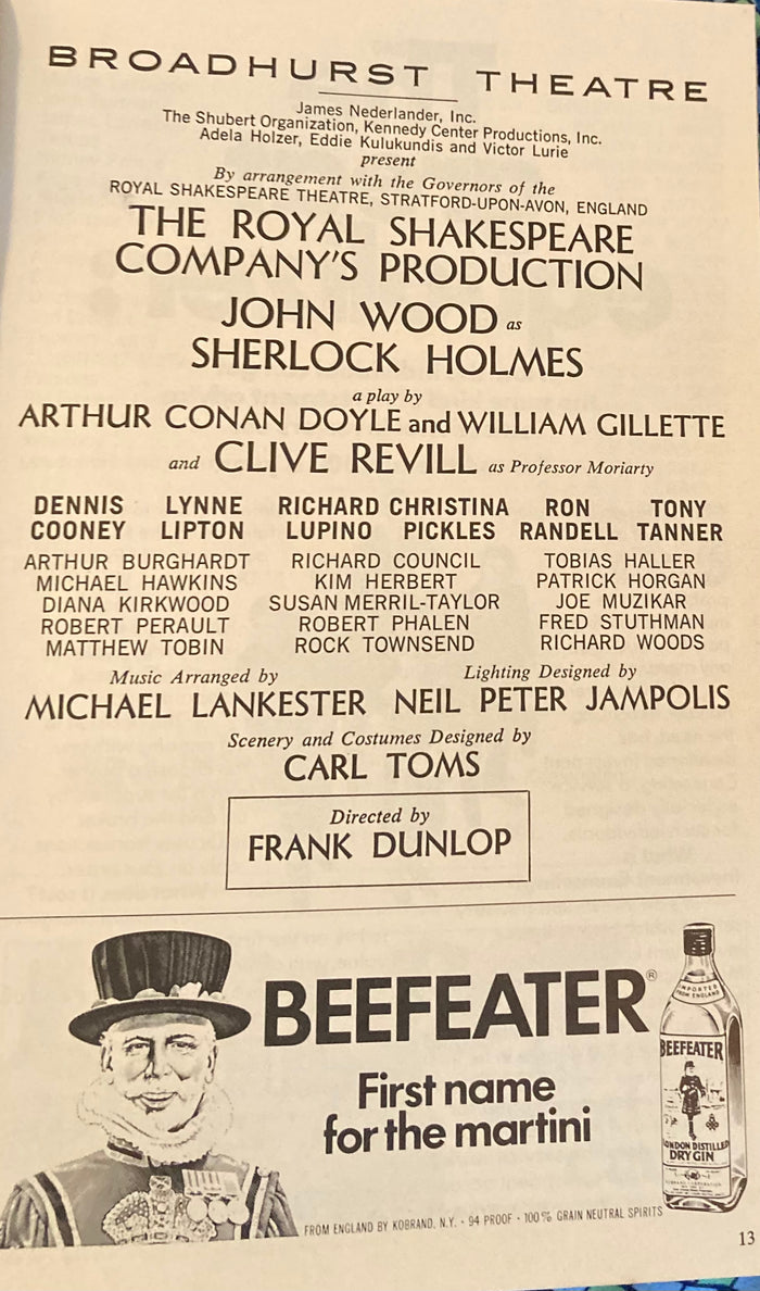 "Sherlock Holmes." Broadhurst Theatre, NY. March, 1975.