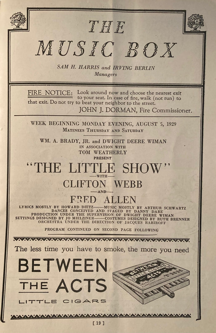 The Music Box, NY. "The Little Show." August 5, 1929. With Clifton Webb.