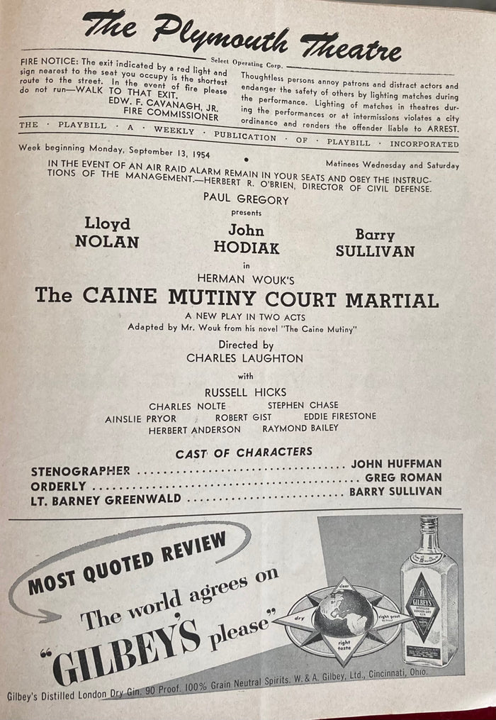 Plymouth Theatre, NY. "The Caine Mutiny Court Martial." Sept. 13, 1954.