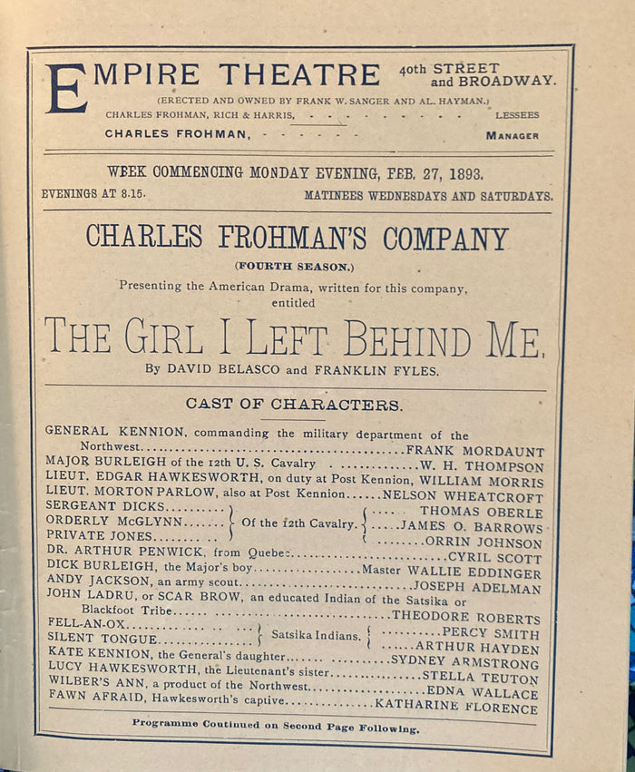 Empire Theatre, NY. "The Girl I Left Behind Me." Feb. 27, 1893.