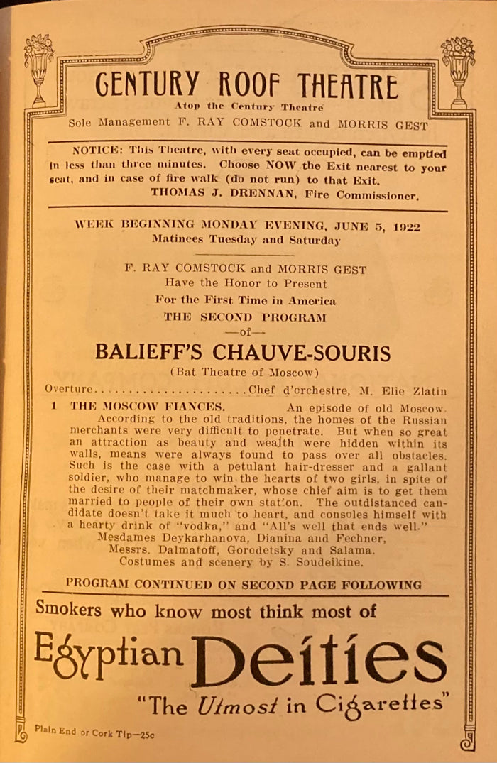 Century Roof Theatre, NY. The Second Program of "Balieff's Chauve-Souris." June 5, 1922.