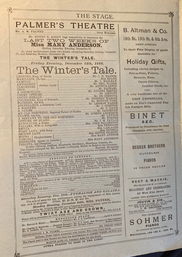 Palmer's Theatre, NY. William Shakespeare's "The Winter's Tale." With Mary Anderson. Dec. 14, 1888.