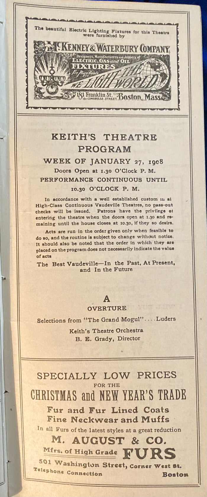 Boston. B.F. Keith's Vaudeville Program. Jan. 27, 1908.