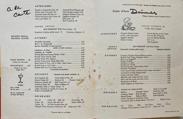 Menu) Russian Tea Room. NYC: Sunday, March 26, 1961.