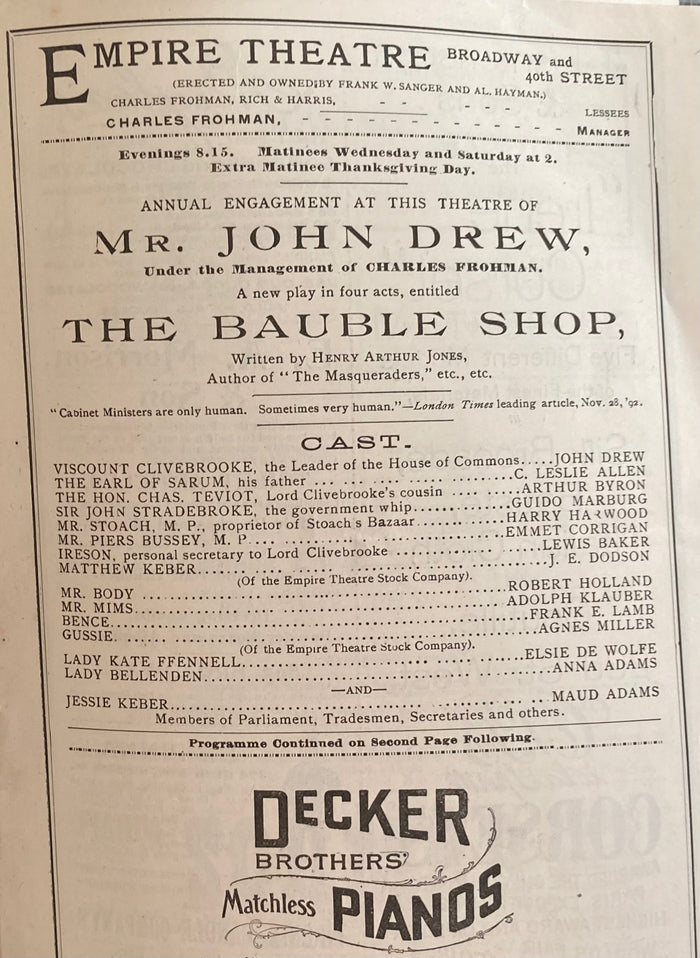 Empire Theatre, NY.  Mr. John Drew in "The Bauble Shop." With 'Maud' Adams. Nov. 19, 1894.