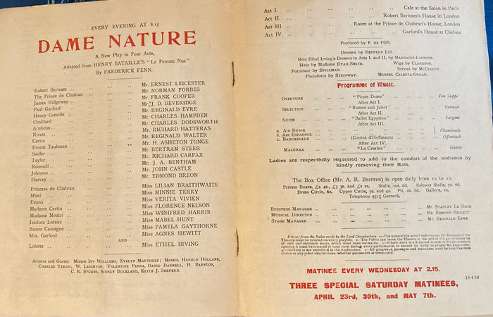 "Dame Nature." Garrick Theatre, London. April 18, 1910.
