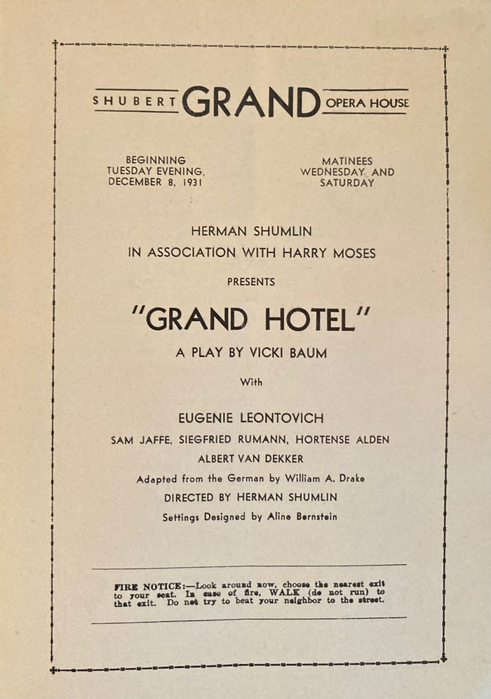 Shubert Opera House, Chicago. "Grand Hotel." Dec. 8, 1931.