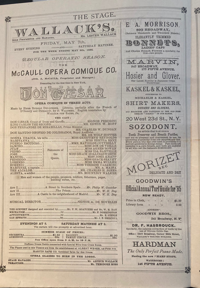 Wallack's Theatre, NY. De Wolf Hopper in "Don Caesar." May 7, 1886.