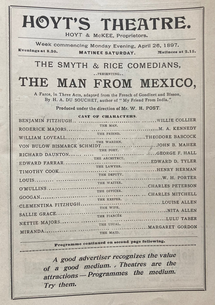 Hoyt's Theatre, NY. "The Man From Mexico." April 26, 1897.