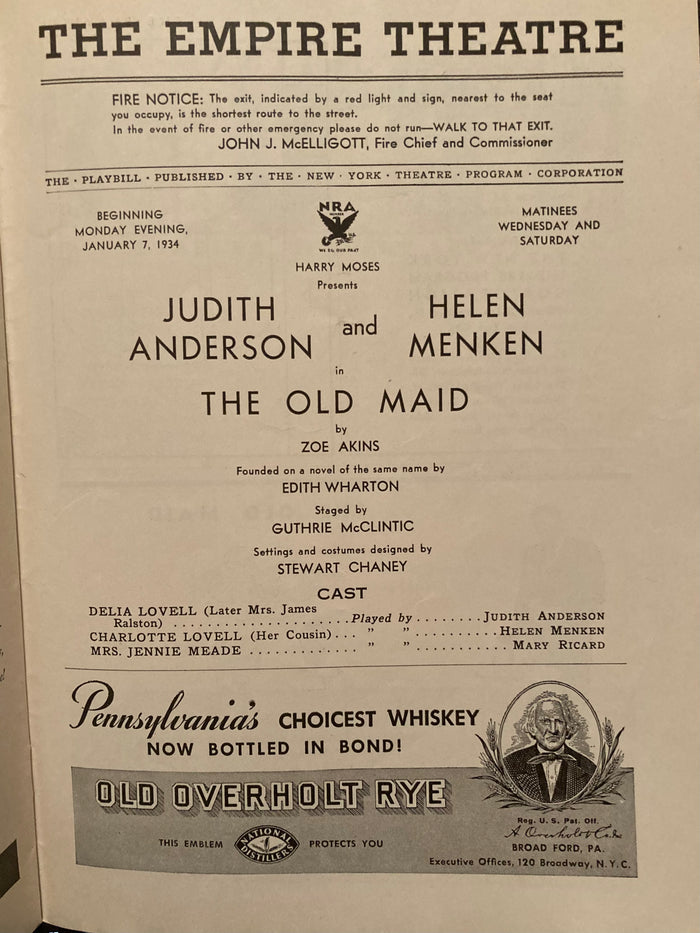 Empire Theatre, NY. "The Old Maid." Jan. 7, 1934.