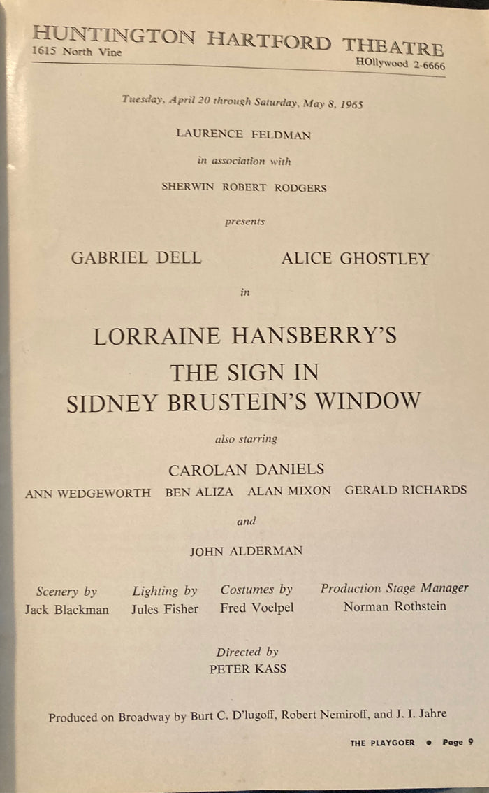Huntington Hartford Theatre, LA. "The Sign in Sidney Brustein's Window." May 8, 1965.