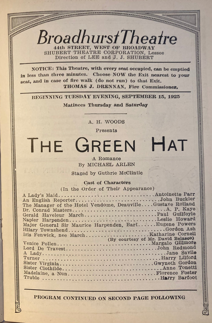 (Leslie Howard) Broadhurst Theatre, NY. "The Green Hat." Sept. 15, 1925. (Opening Night)