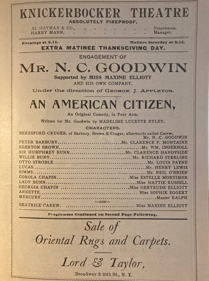 Knickerbocker Theatre, NY. "An American Citizen." Nov. 15, 1897.