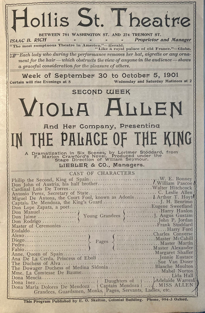 "In the Palace of The King." Hollis St. Theatre, Boston. Sept. 30, 1901.