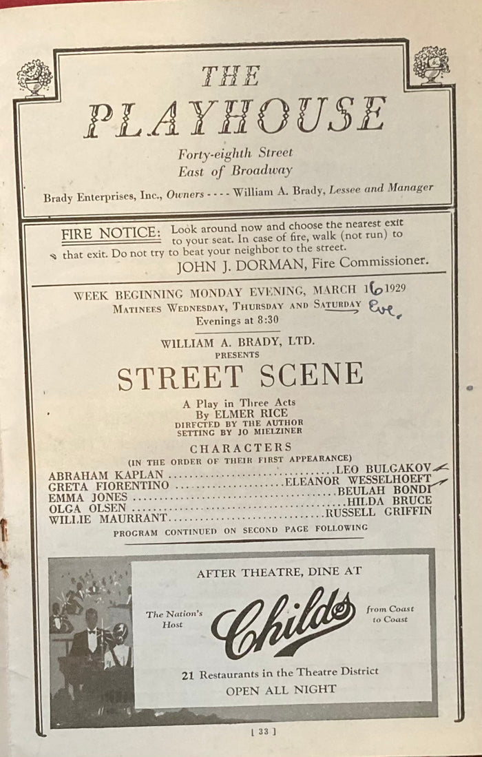 The Playhouse Theatre, NY. "Street Scene." March 16, 1929.