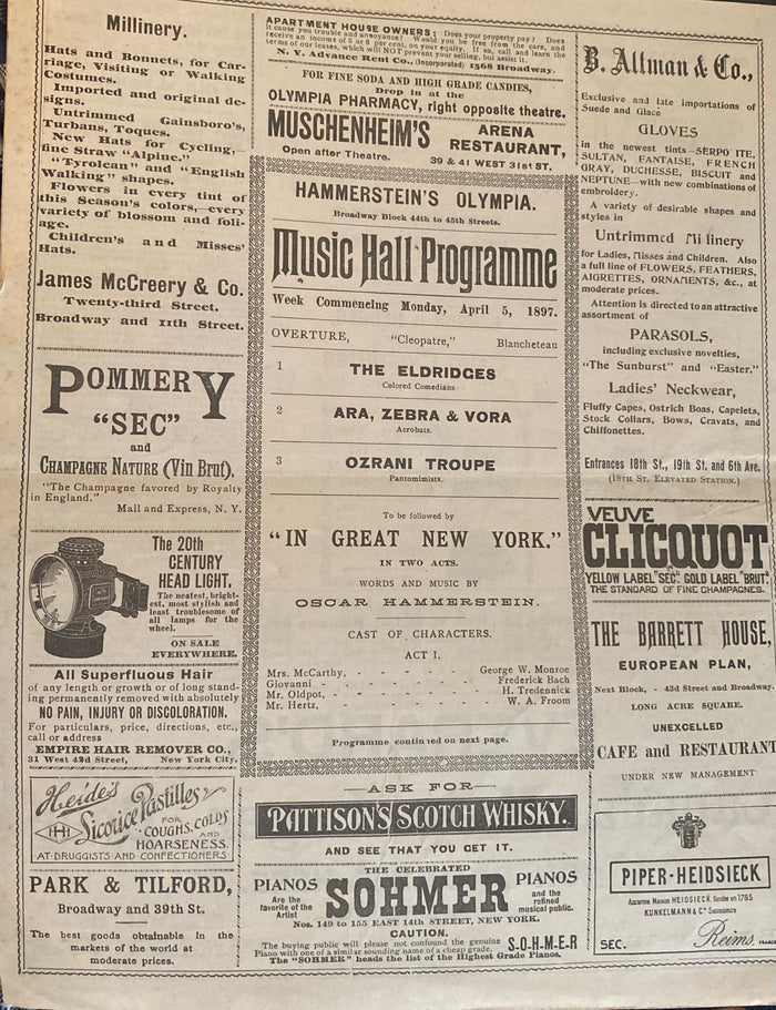 Olympia Theatre, NY. "Variety Programme." April 5, 1897.