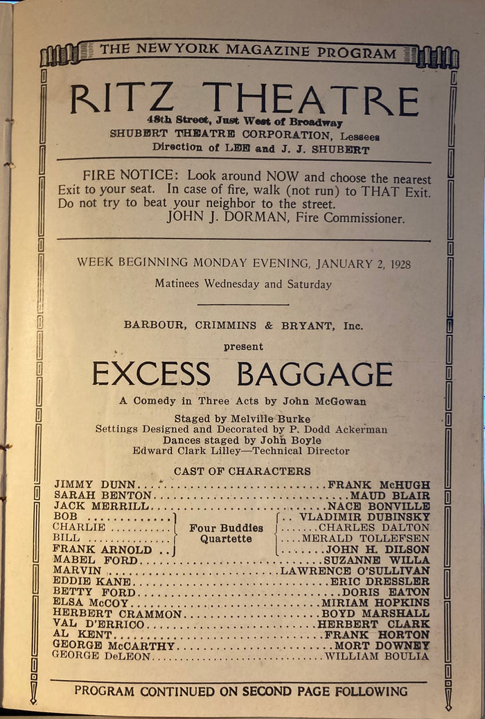 (Miriam Hopkins) The Ritz Theatre. "Excess Baggage." Jan. 2, 1928.