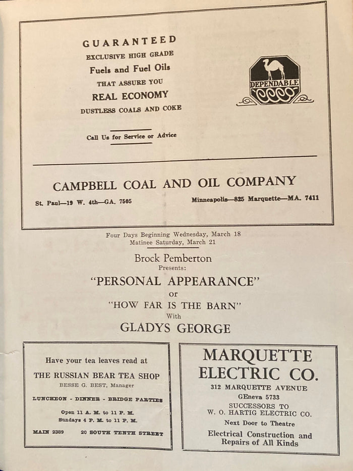 The Metropolitan Theatre, Minneapolis, MN. "How Far is the Barn." March 18, 1936. With Gladys George.
