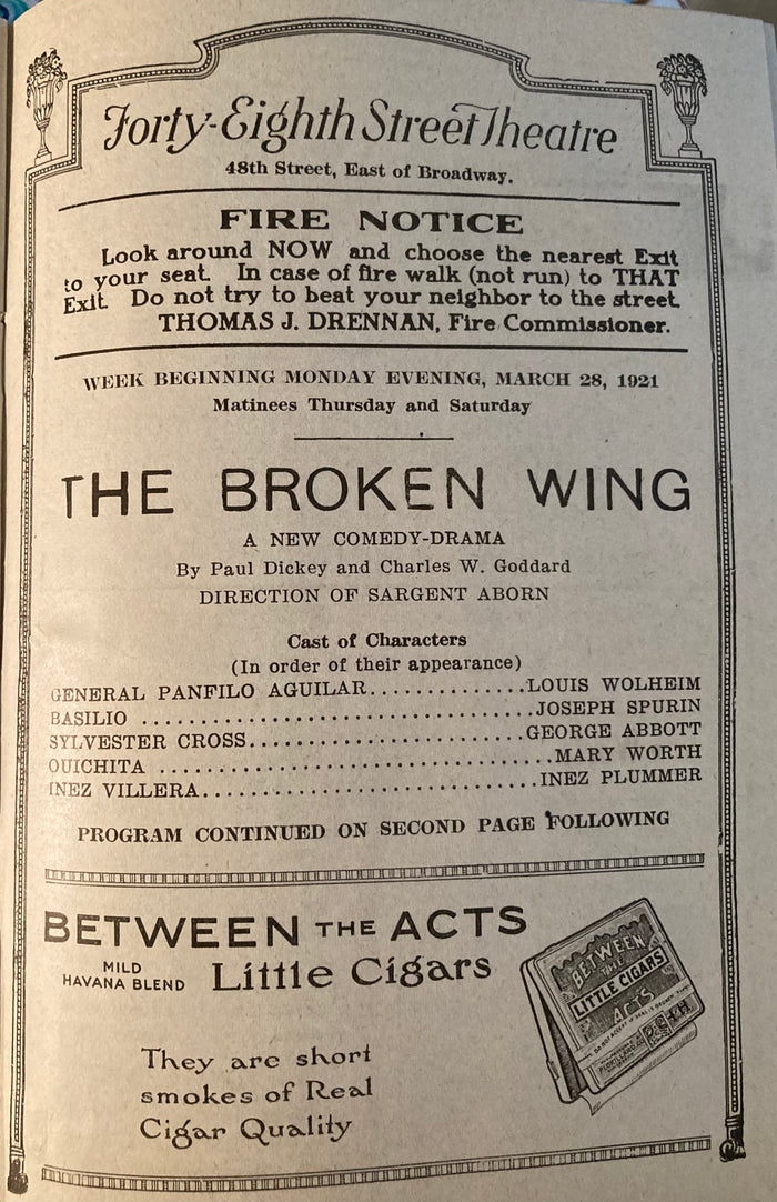 Forty-Eighth Street Theatre, NY. "The Broken Wing." March 28, 1921.