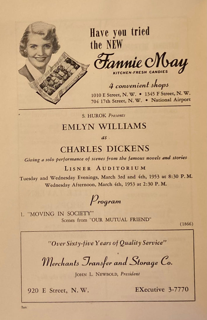 (Dickens) Emlyn Williams as "Charles Dickens." Smith College of Washington, Lisner Auditorium. March 3rd and 4th, 1953.