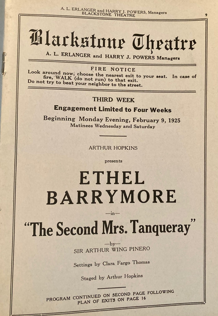 Blackstone Theatre, Chicago. "The Second Mrs. Tanqueray." Feb. 9th, 1925.