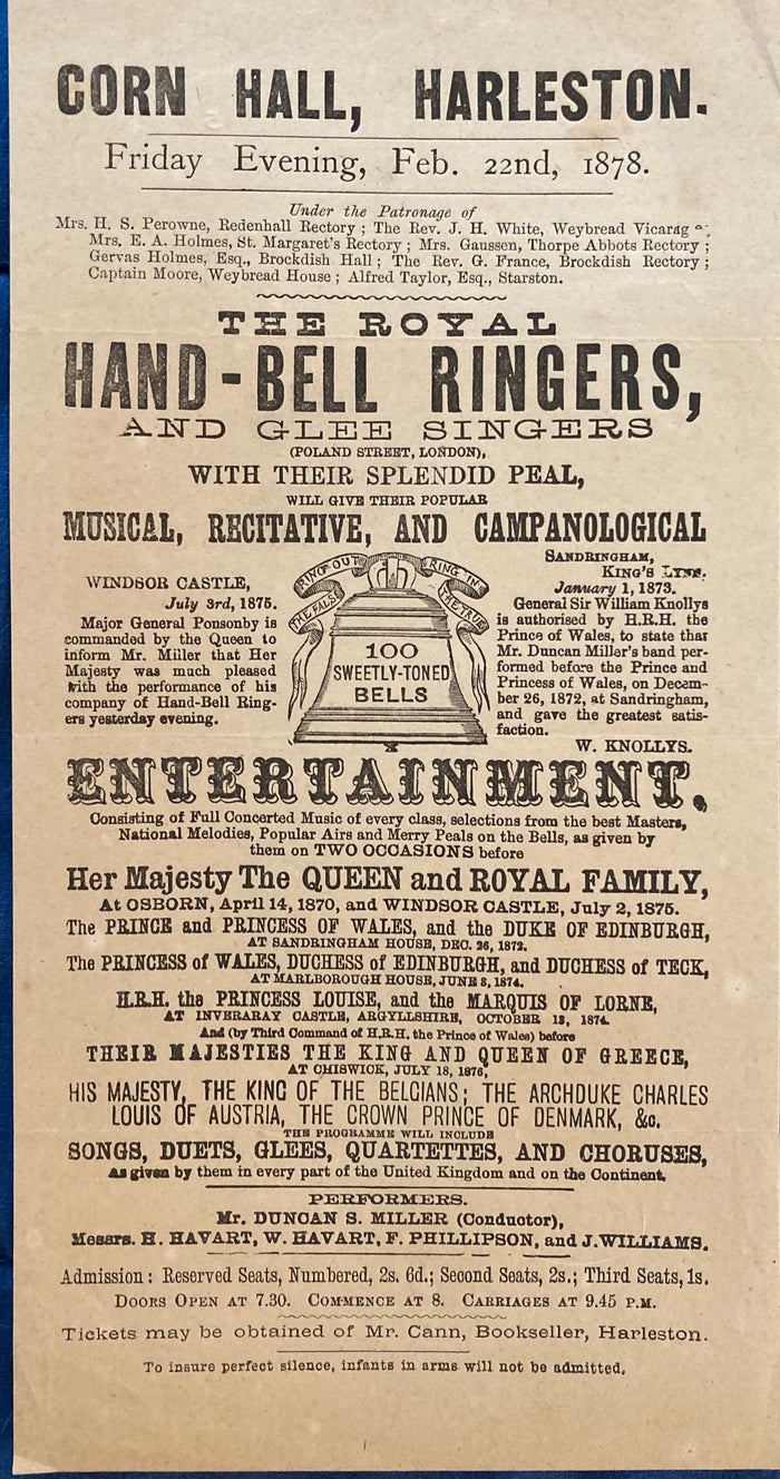 [Broadside] Royal Hand-Bell Ringers. Corn Hall, Harleston, England. Feb. 2, 1878.