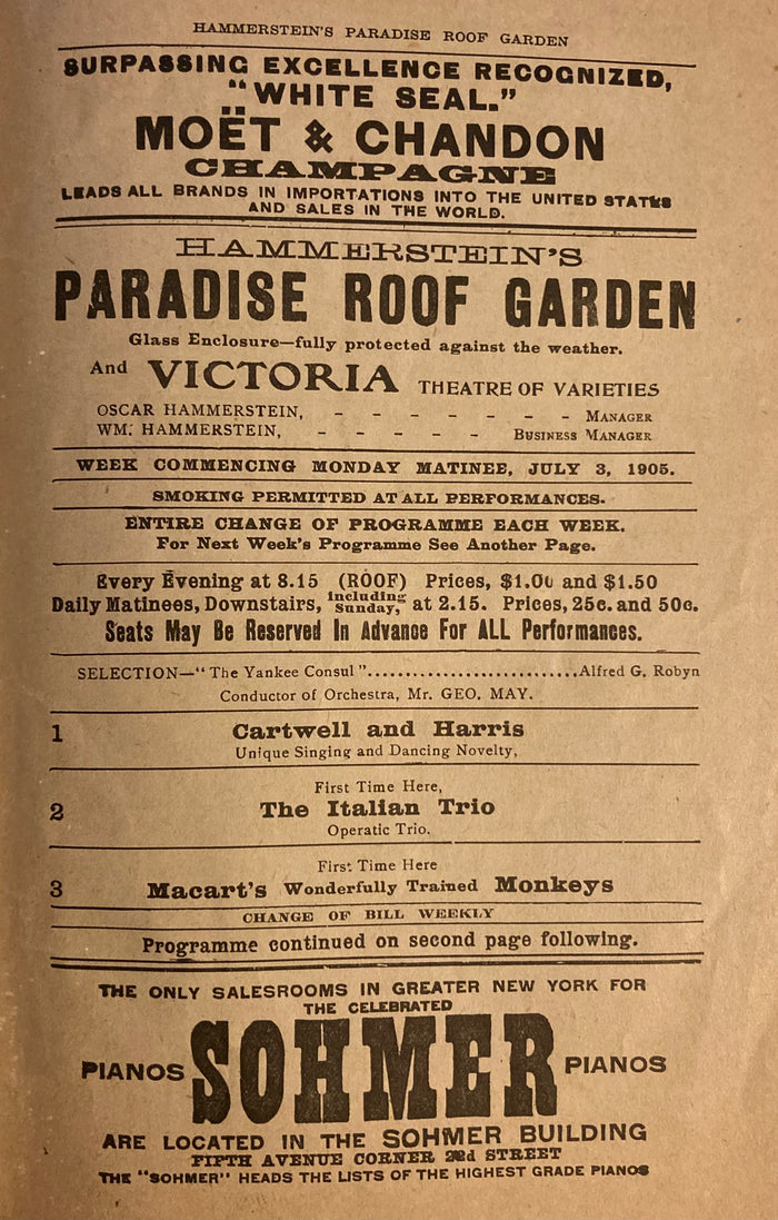 (Vaudeville) Hammerstein's Paradise Roof Garden, NY. "Variety Program." July 3, 1905.