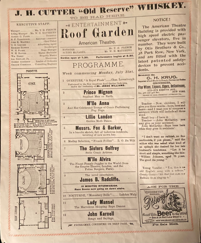 Roof Garden, American Theatre, NY. "Variety Programme." Aug. 5, 1893.