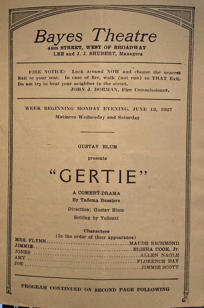 Bayes Theatre, NY. "Gertie." June 13, 1927.