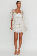 Helen Floral Organza Mini Dress White Pink