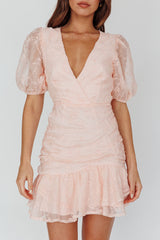 Cherry Blossom Puff Sleeve Wide Ruffle Hem Dress Pink