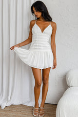 Clear Skies Pintuck Pleat Wide Ruffle Hem Mini Dress Sky White