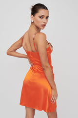 Rose Garden Floral Applique Pleat Mini Dress Orange