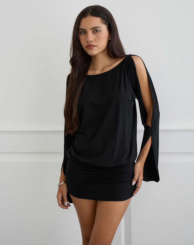 Sybe Cut Batwing Sleeve Mini Dress in Black