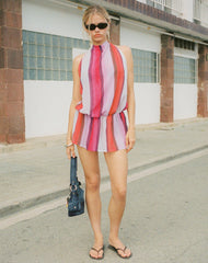 Veloria Halterneck Mini Dress in Pink Sheer Chiffon Painted Stripe
