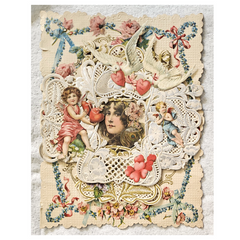 Antique 1800s Valentine Victorian Die Cut Dresden Lace Woman w/Cupids and Hearts