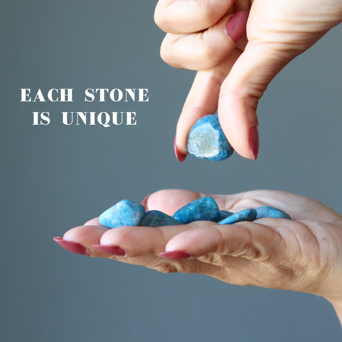 Apatite Tumbled Stones on the palm showing each stone is unique