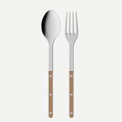 The Sabre Bistrot Pearly Serving Set features a stainless steel spoon and fork with mother of pearl handles and silver rivets, displayed side by side on a white background.