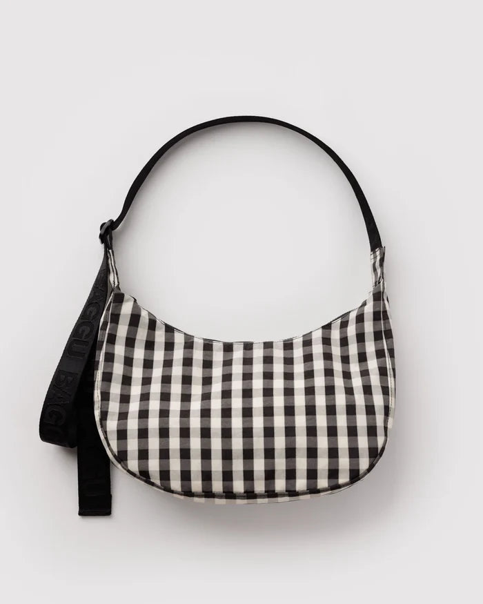 Black and Cream Gingham Medium Crescent Baggu